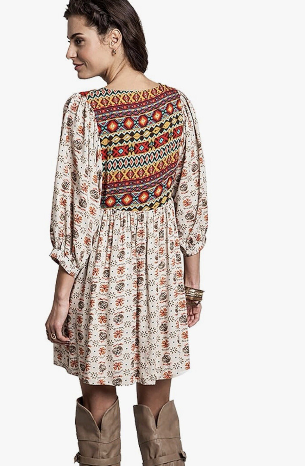 Umgee Aztec Dove Pattern 3/4 Sleeve Tunic Mini Dress Boho Western Rodeo Sz Small
