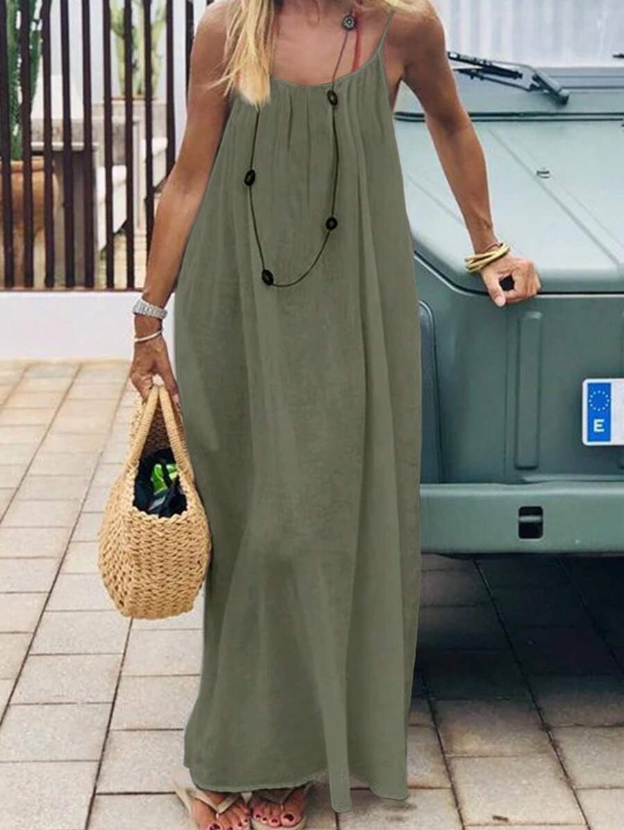 Spaghetti Strap Dress Side Pockets Backless Slit Hem Casual Cami Maxi Long
