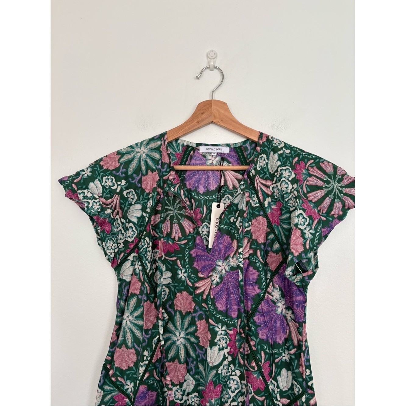 Olivaceous || Floral Maxi Dress Cotton Ladder Stitch Tie Green Purple M NWT