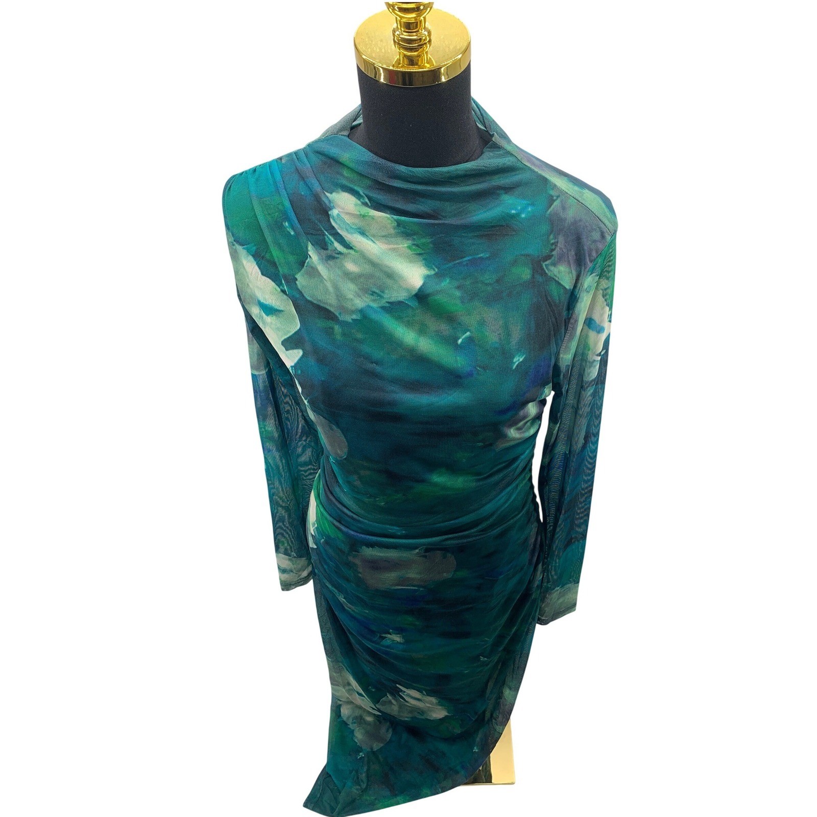 Merokeety Teal Floral Mesh Mock Neck Ruched Midi Dress Long Sleeve Large