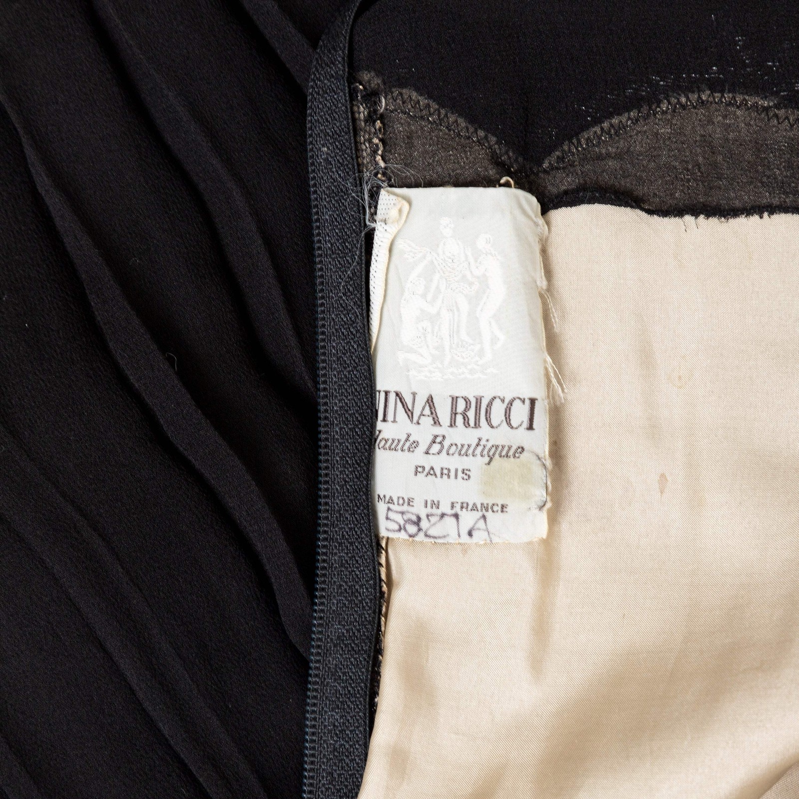 Nina Ricci Haute Boutique Black Chiffon Lace Dress 1970s France Vintage