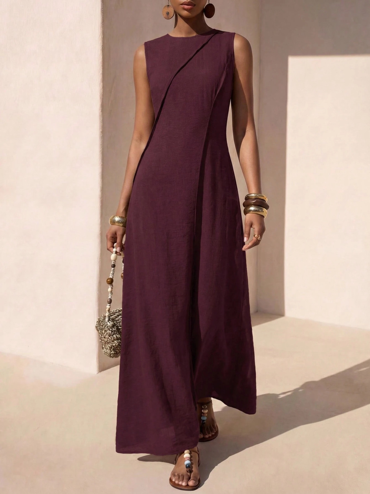 Ladies Bordeaux Long Dress With A Line And Cape Sleeves