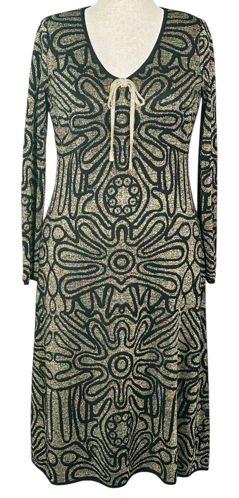 New Ming Wang Women’s Sz Medium Black Gold Lurex Metallic Swirl Knit Midi Dress