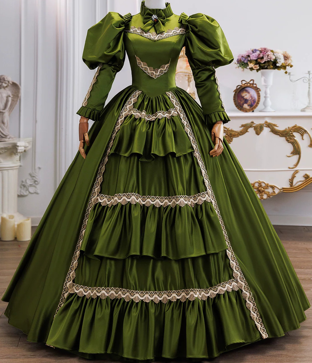Vintage Green Victorian Christmas Ball Dress Puff Sleeve Lace Holiday Gown