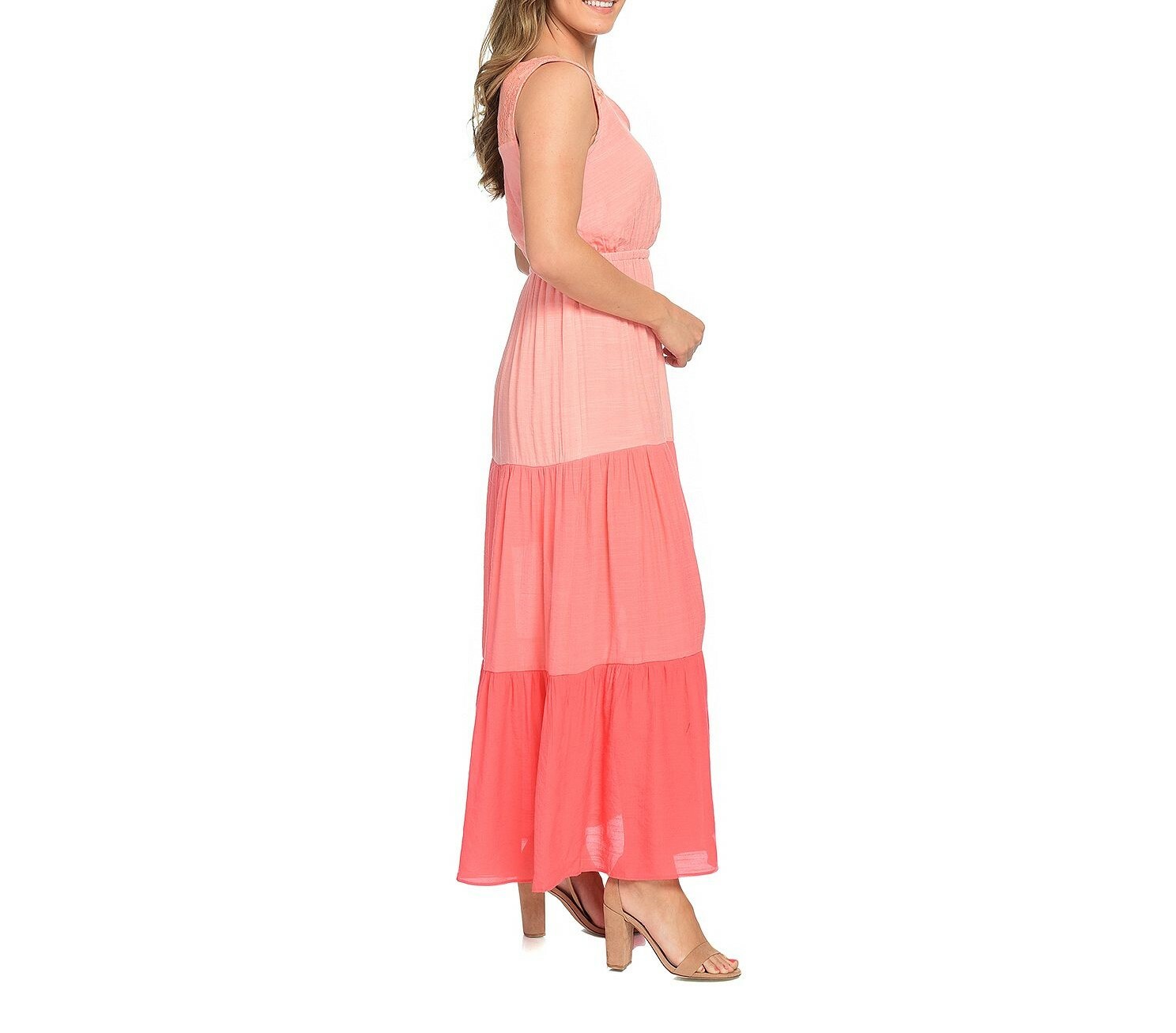 NEW OSO Casuals Woven Sleeveless V-Neck Tiered Color Block Knit Lined Maxi Dress