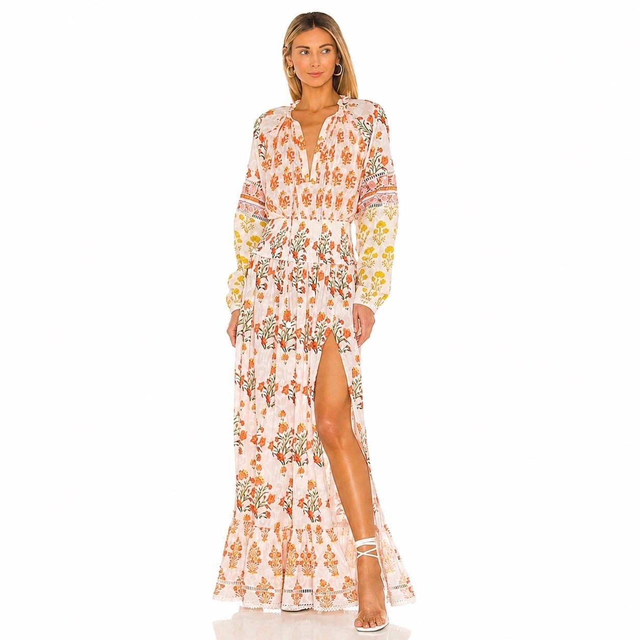 Hemant and Nandita Revolve Boho Floral Maxi Dress Small Slit Block Print $530
