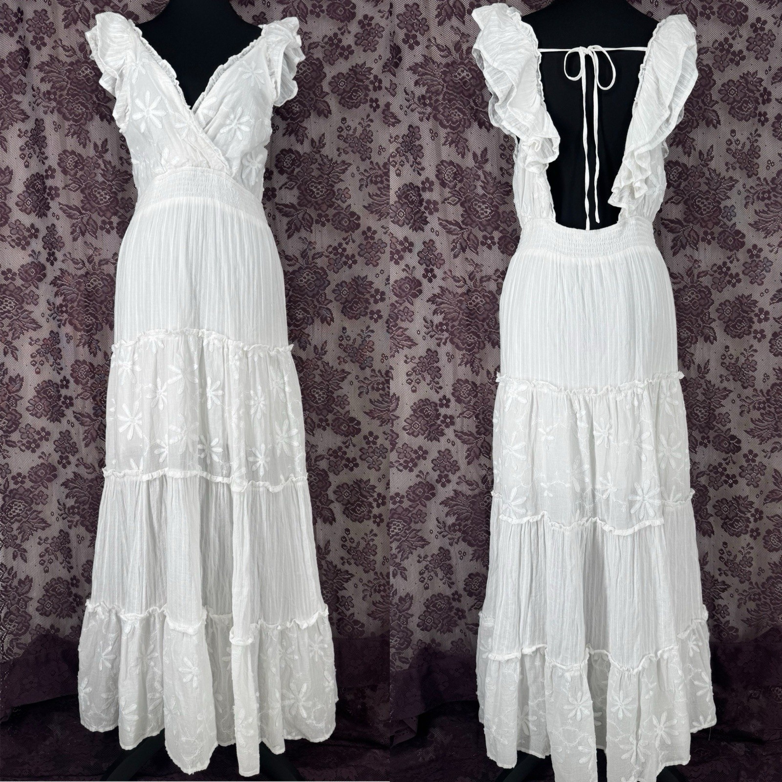 White Tiered Embroidered Maxi Dress Womens M Cottage Boho Coastal Prairie Ruffle