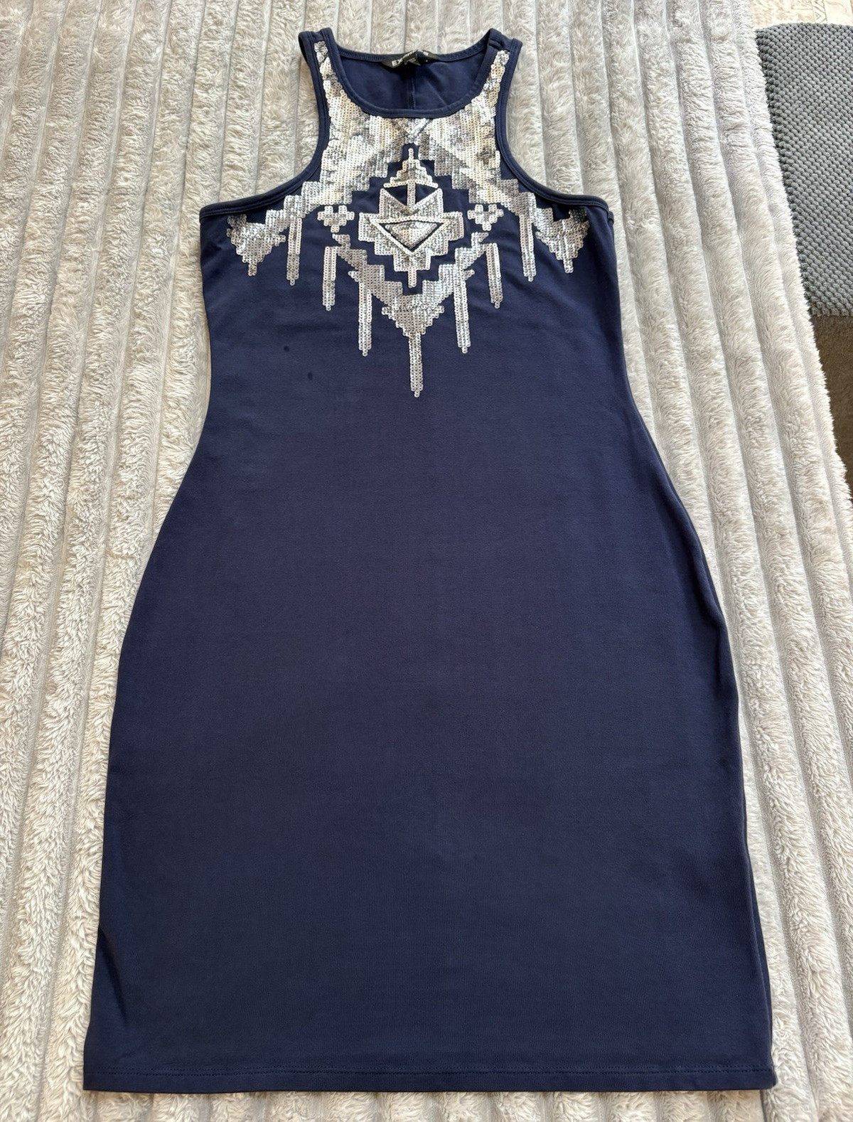 Express Women’s Blue Bodycon Geometric Sequin Scoop Neck Knee Dress S