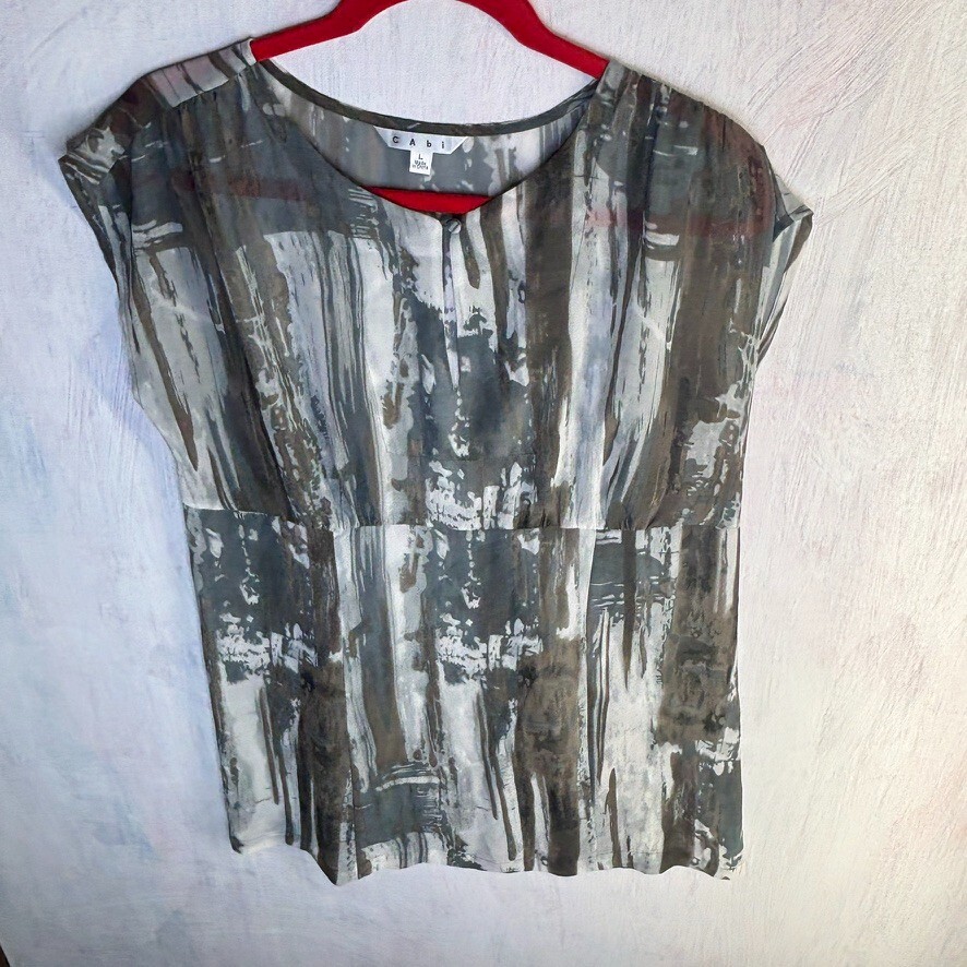 cabi gray multi colored keyhole neck sheer sleeveless tunic top Large L