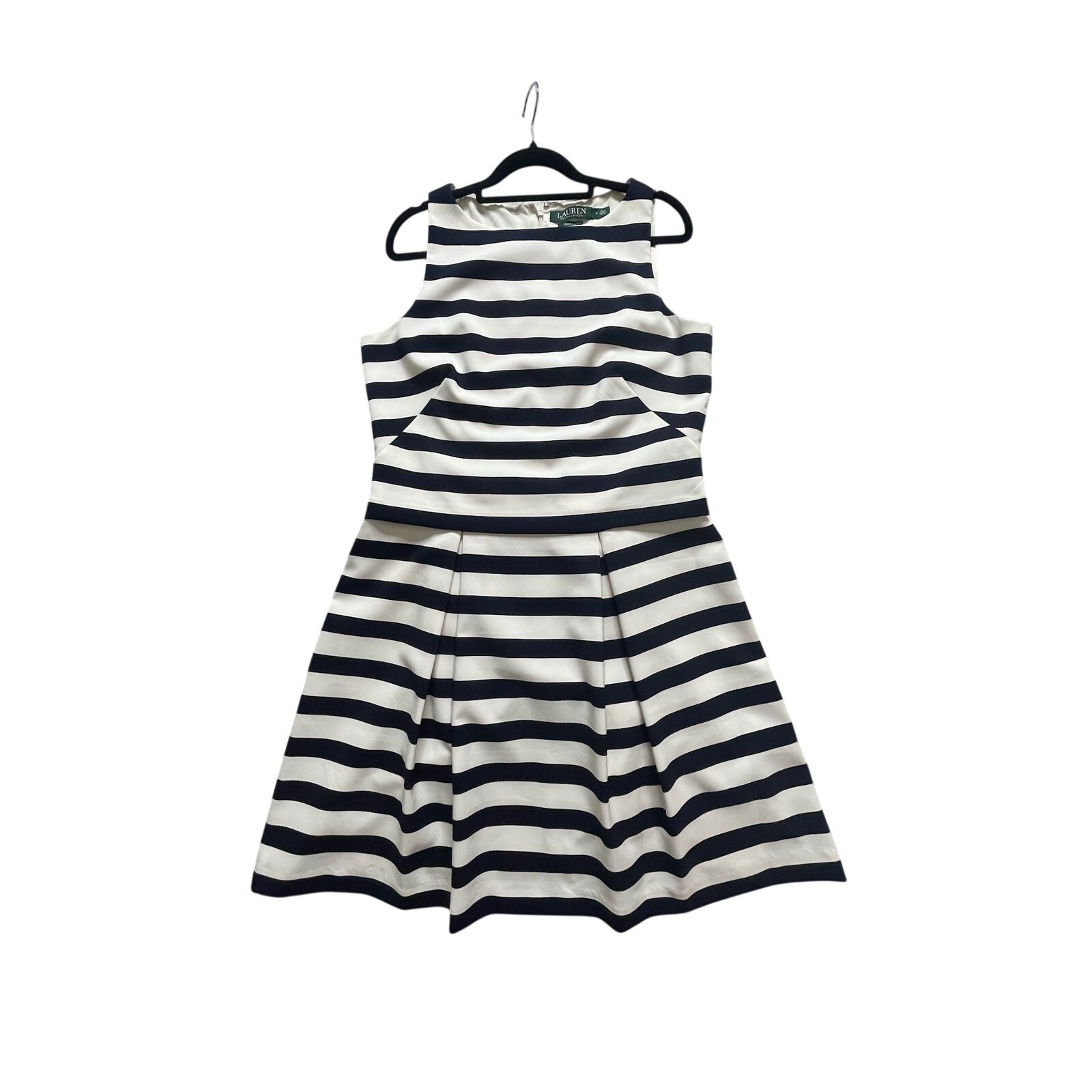 Ralph Lauren Dress Sz 8 Navy Cream White Stripe Fit & Flare Nautical Classic EUC
