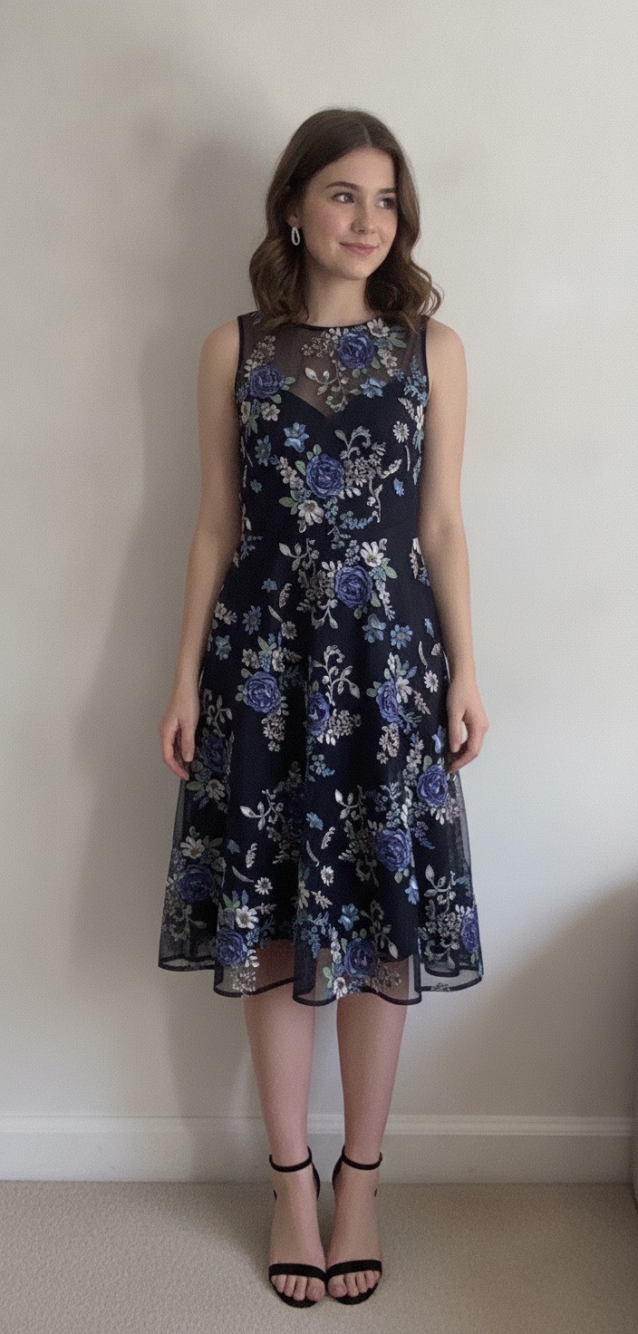 Phase Eight Floral Applique Mesh Midi Dress UK 8 Black Blue Occasion