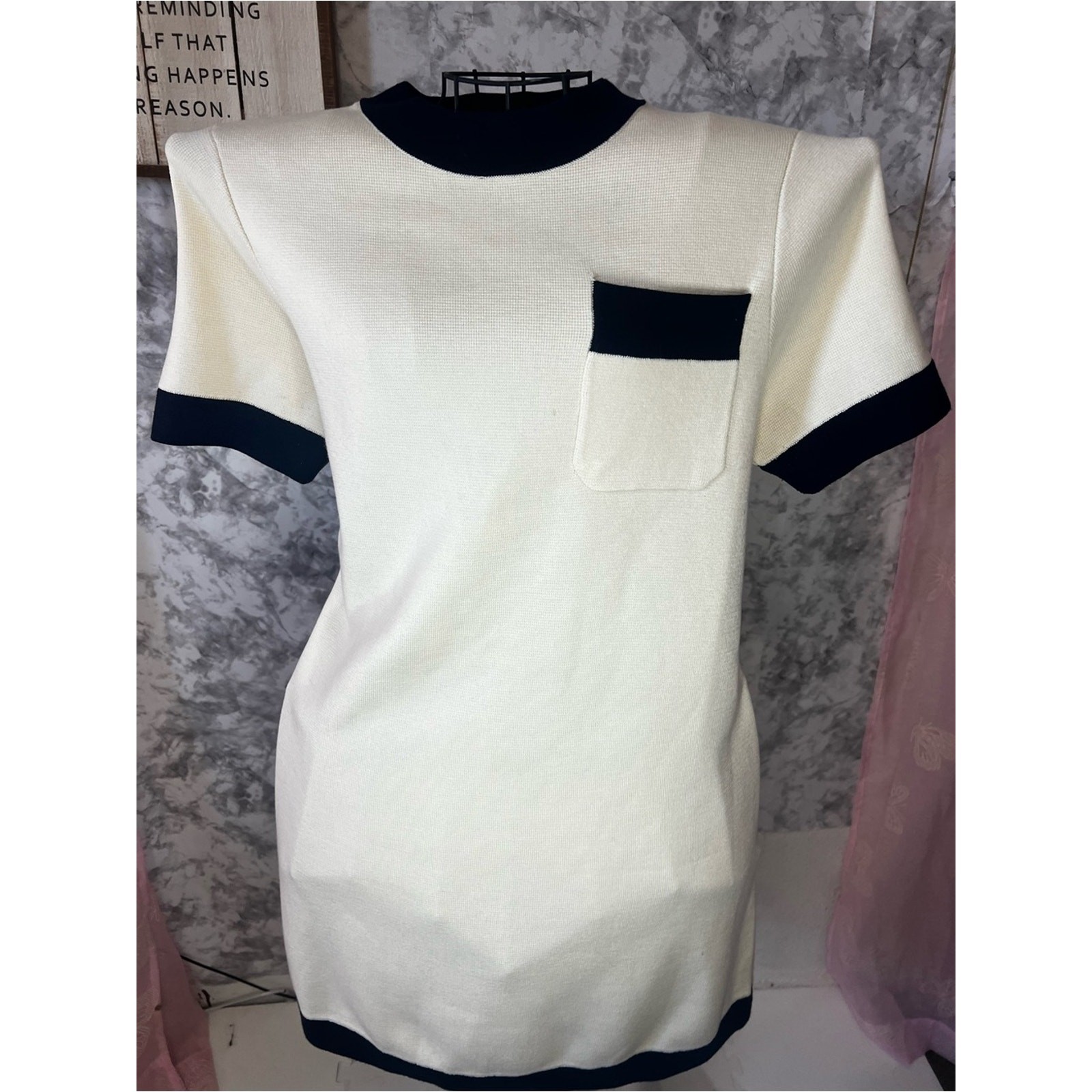 Tuckernuck Ivory Navy Contrast Knit Mini Shift Dress Wool Blend Size L