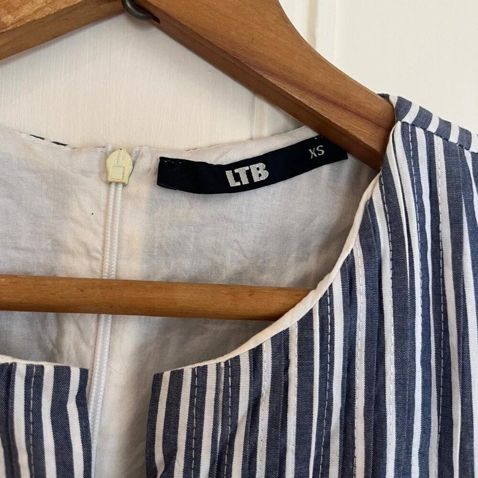 Spring Summer Classic Nautical Costal Striped Blue White 100% Cotton Dress Sz XS