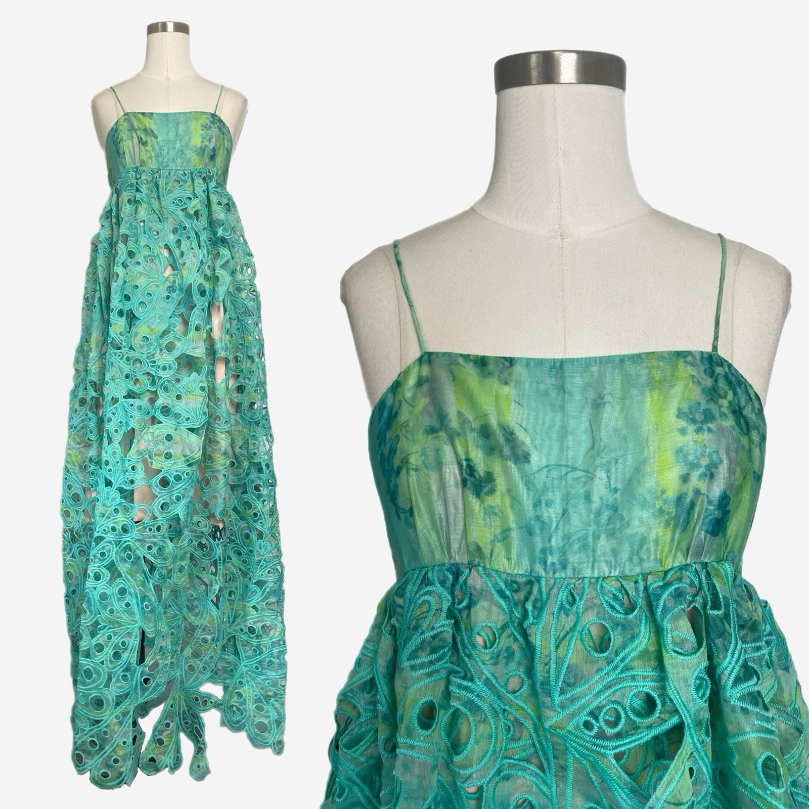 Susan Fang Broderie anglaise maxi dress teal cutout floral mermaid siren fairy M