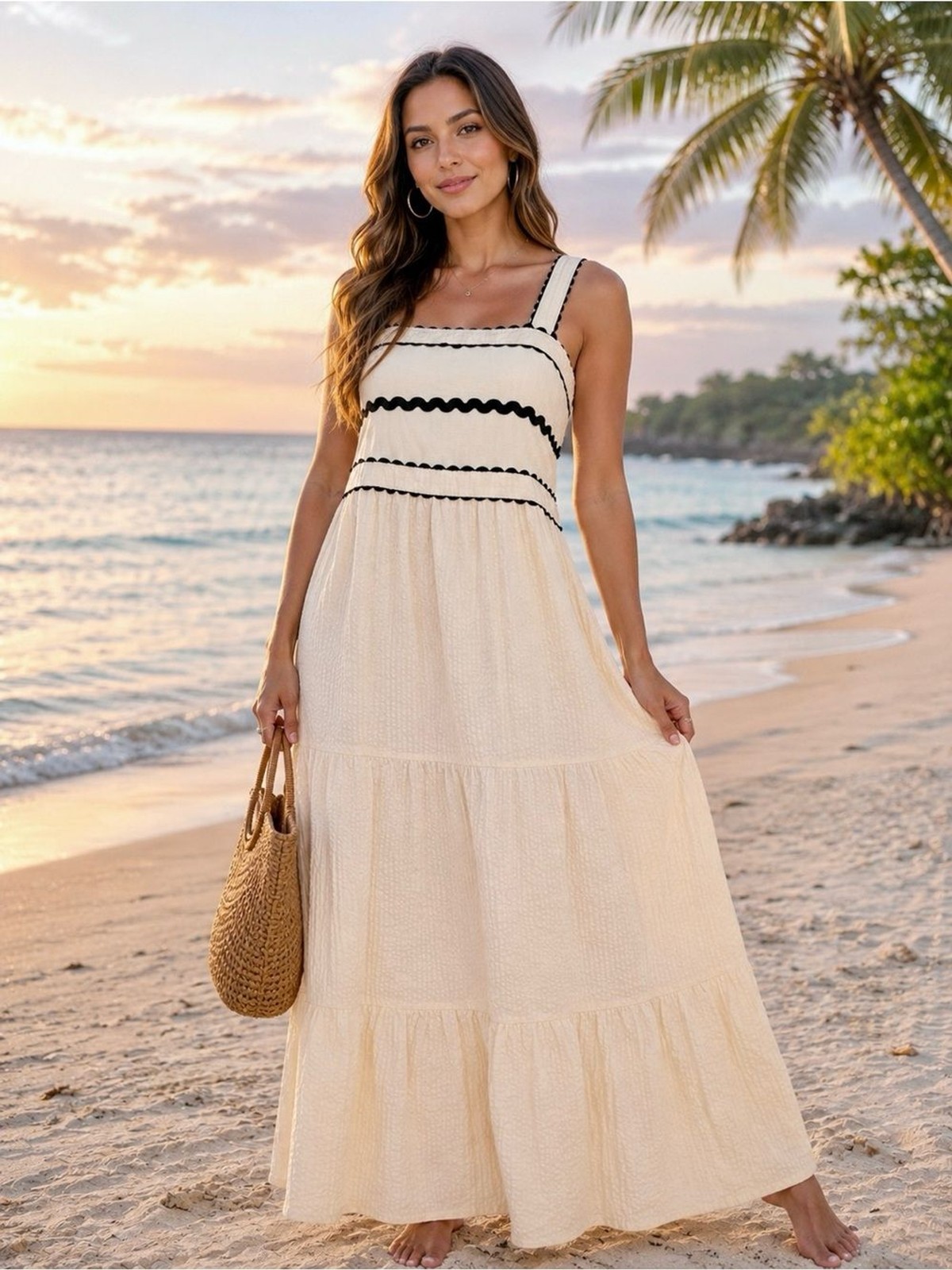 Japna NWT Cotton Maxi Dress M Cream Black Ric Rac Smocked Tiered Beach Boho