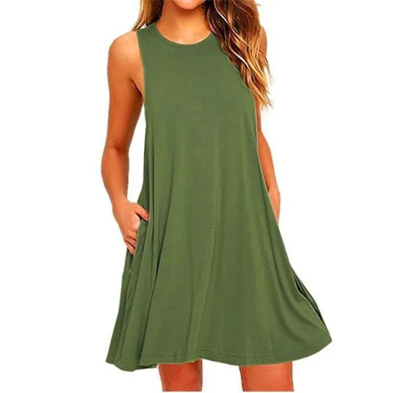 Womens Summer Dress Sleeveless Casual Loose Sundress With Pockets Solid O Neck