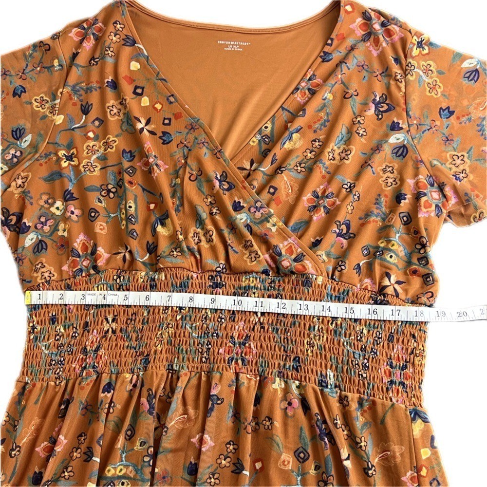 Canyon Retreat Mesh Cottagecore Modest Flutter Sleeve Dress Copper XL Floral