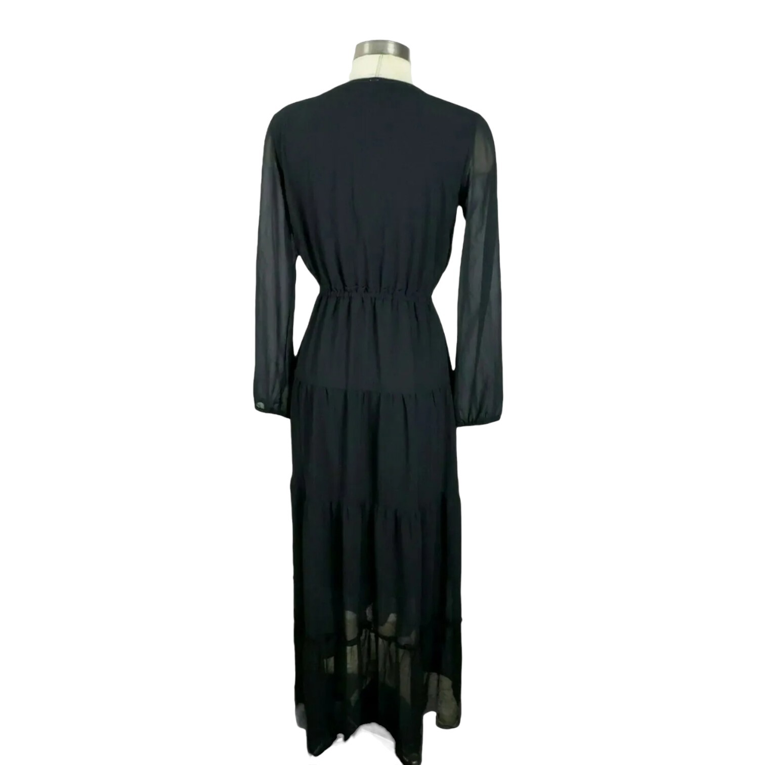 NY Collection Maxi Dress Black Long Sleeve Beaded V Neck Tier Ruffle NWT Flaw XS