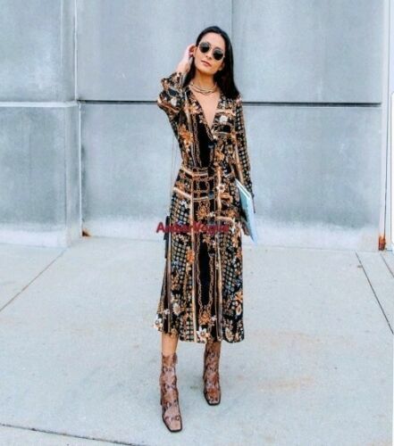 Zara Floral Scarf Print Button Up Chain Midi Dress Flowing XS New Boho Festival