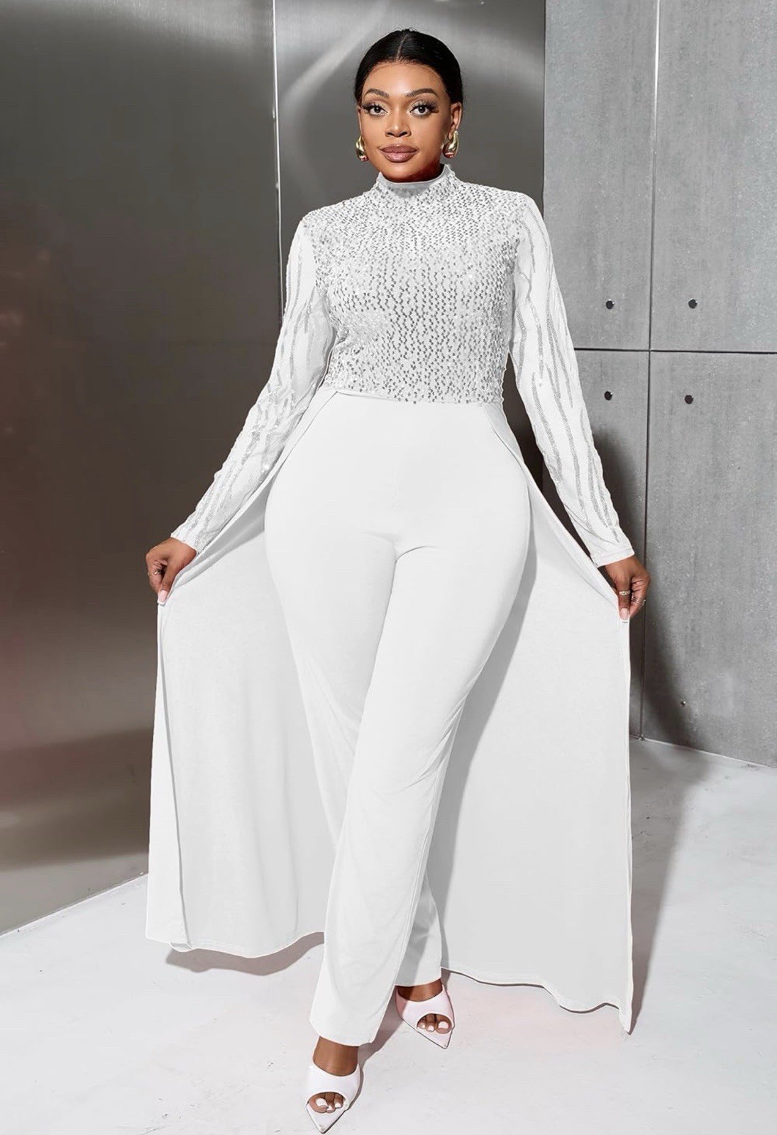 VERWIN White Sequins Jumpsuit Dress Overlay Elegant Fashion Wedding Sz M New #B