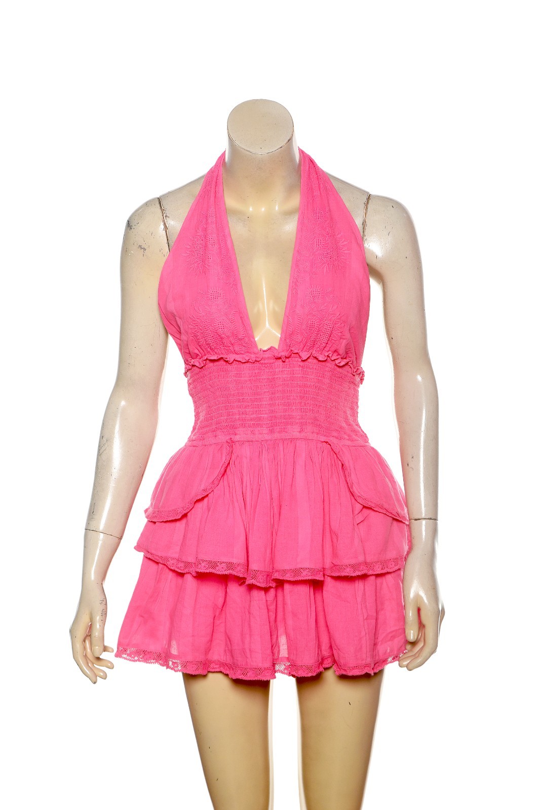 LoveShackFancy Deanna Heritage Halter Mini Dress XXS P Halter Pink Cotton 46361