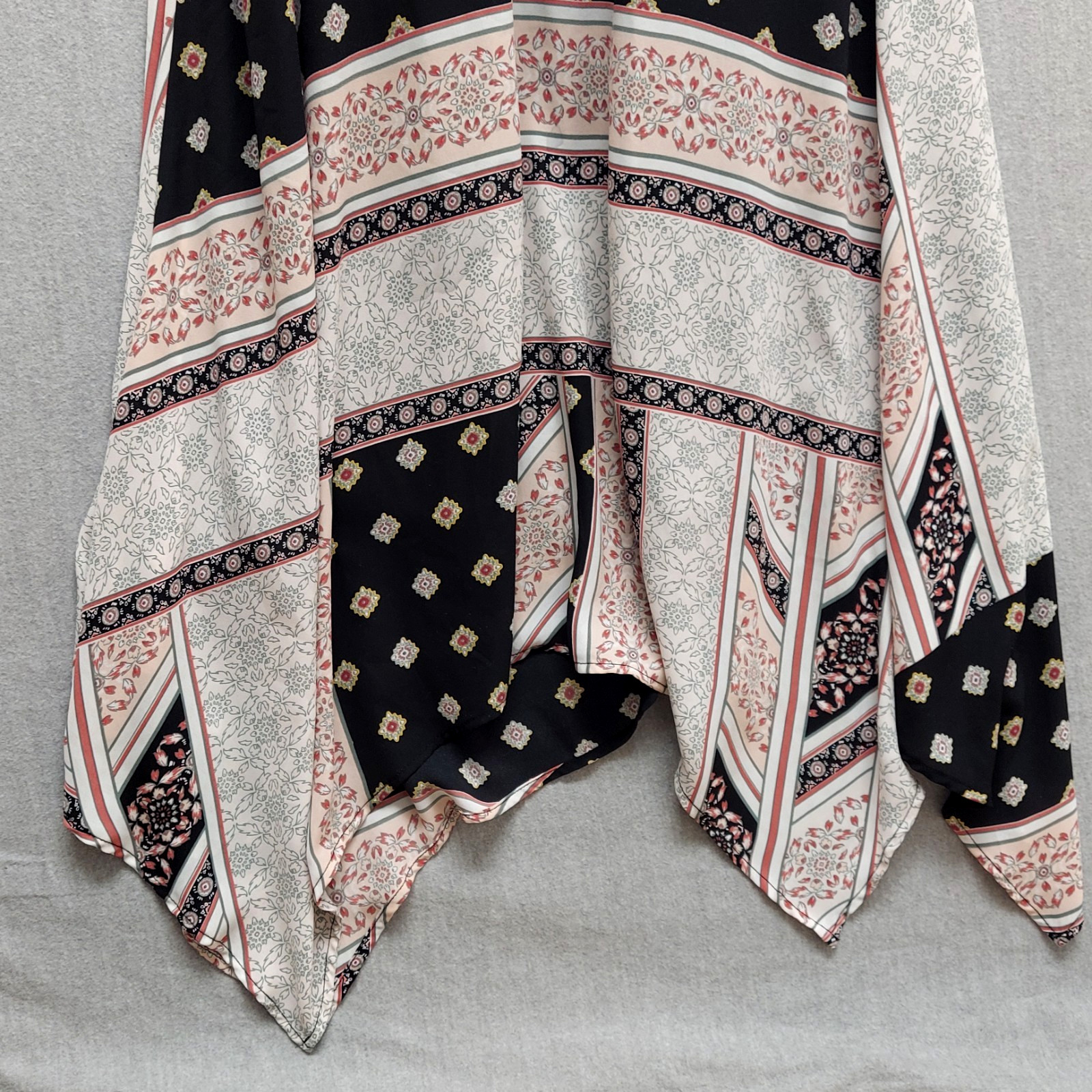 New York & Company Asymmetric Patchwork Maxi Dress M Boho Tie Neck Cape Overlay