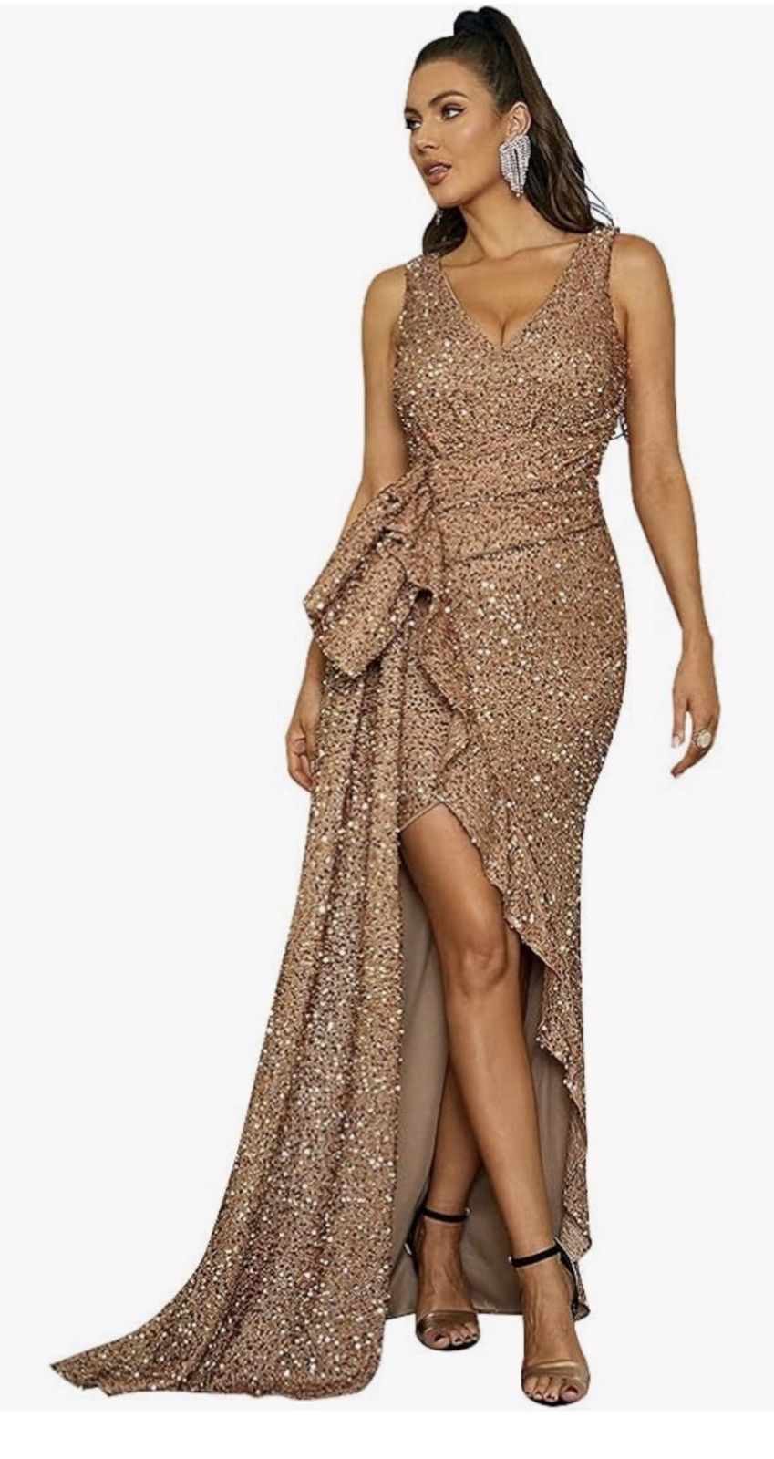 Draped Asymmetric Party Dress Prom Evening GOLD V Neck Ruched S Sequined Ruffle
