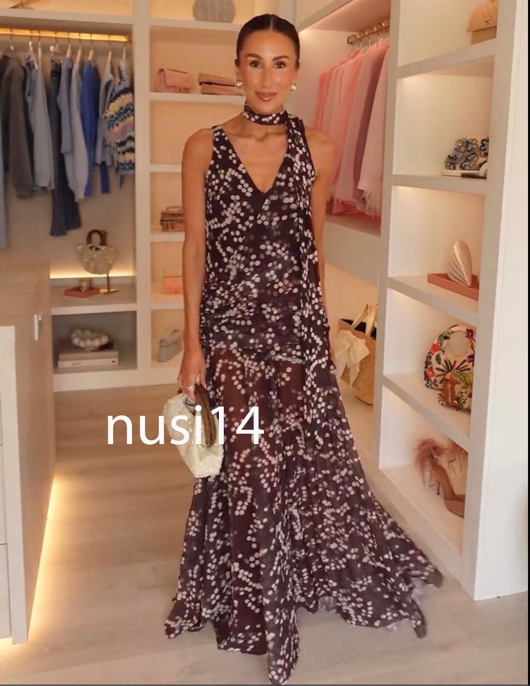 ZARA NEW WOMAN SCARF V-NECK LONG DOTTED TULLE DRESS BROWN ECRU S-L 5039/265/087