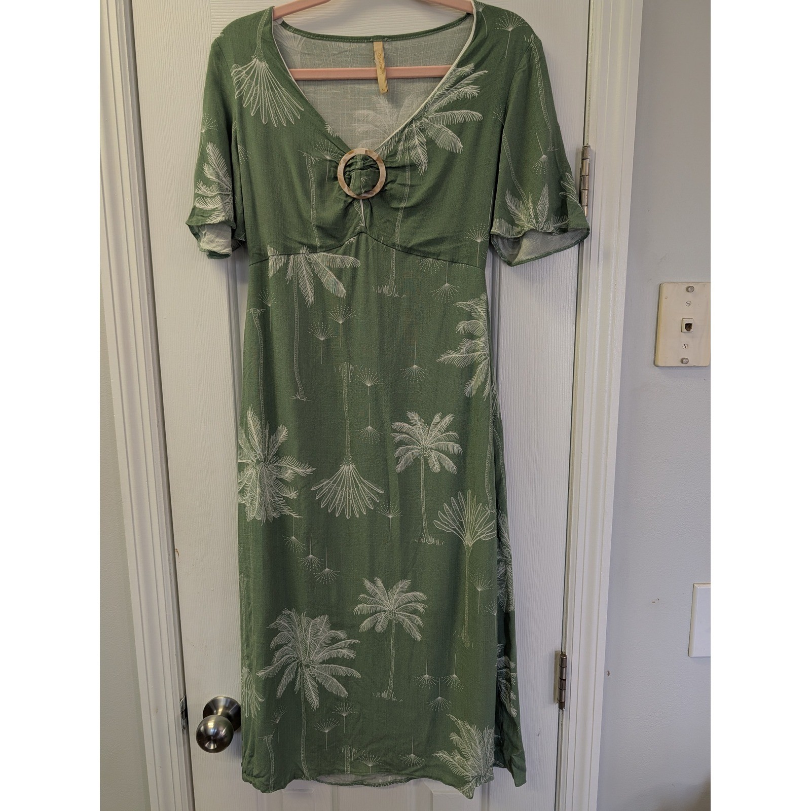 Lunender Green Palm Tree Print Midi Dress Resortwear Ring Detail M Made Brazil