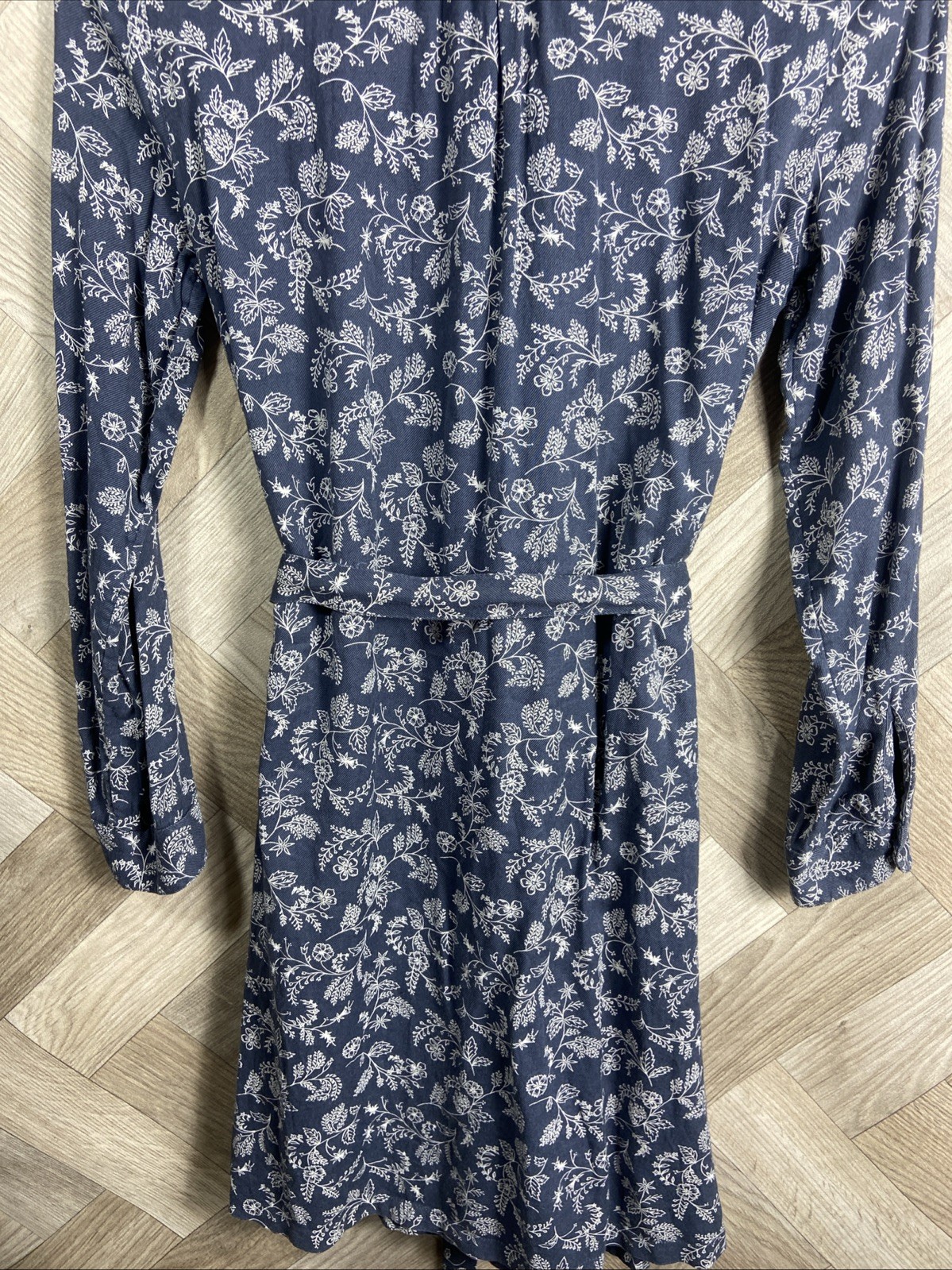 Fat Face Navy & White Floral Button Up Dress Waist Tie Collared Size 10