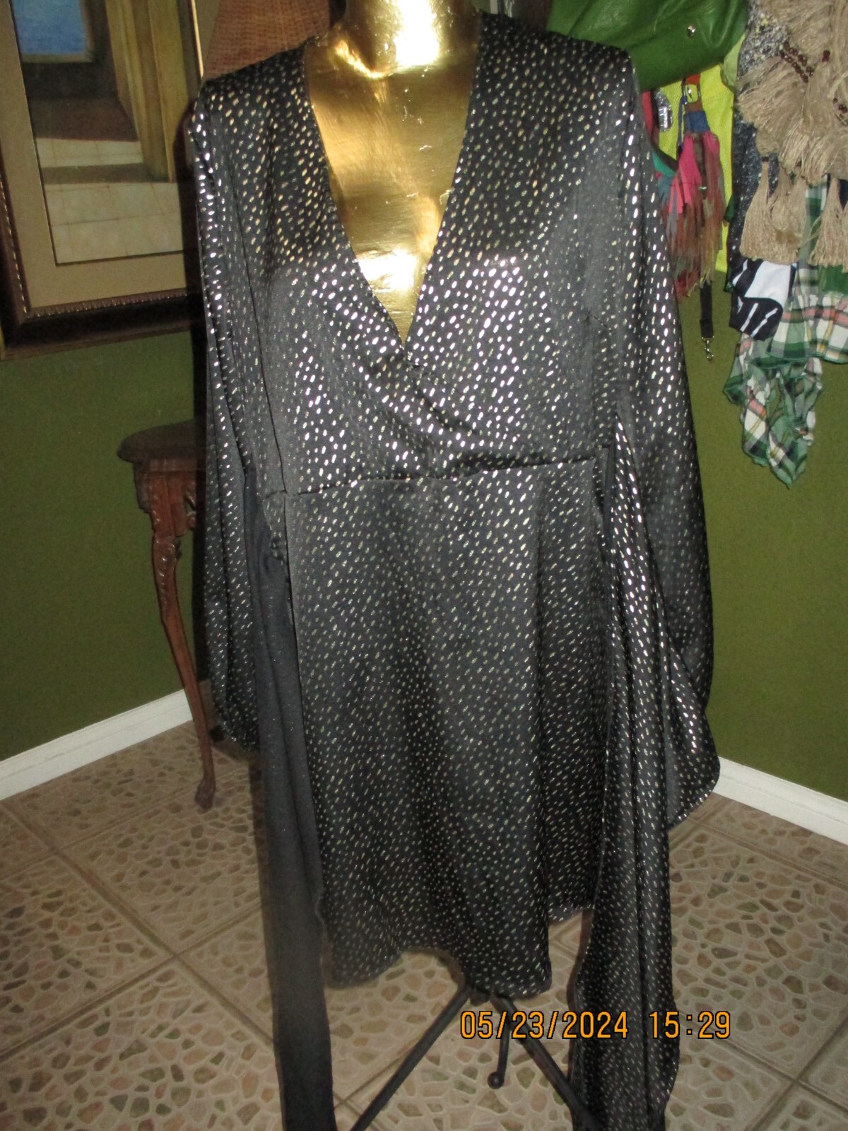 NEW COTTON POLY BLACK&GOLD SPECK MINI DRESS! CROSS OVER TOP WIDE TIE BOW SIZE XL