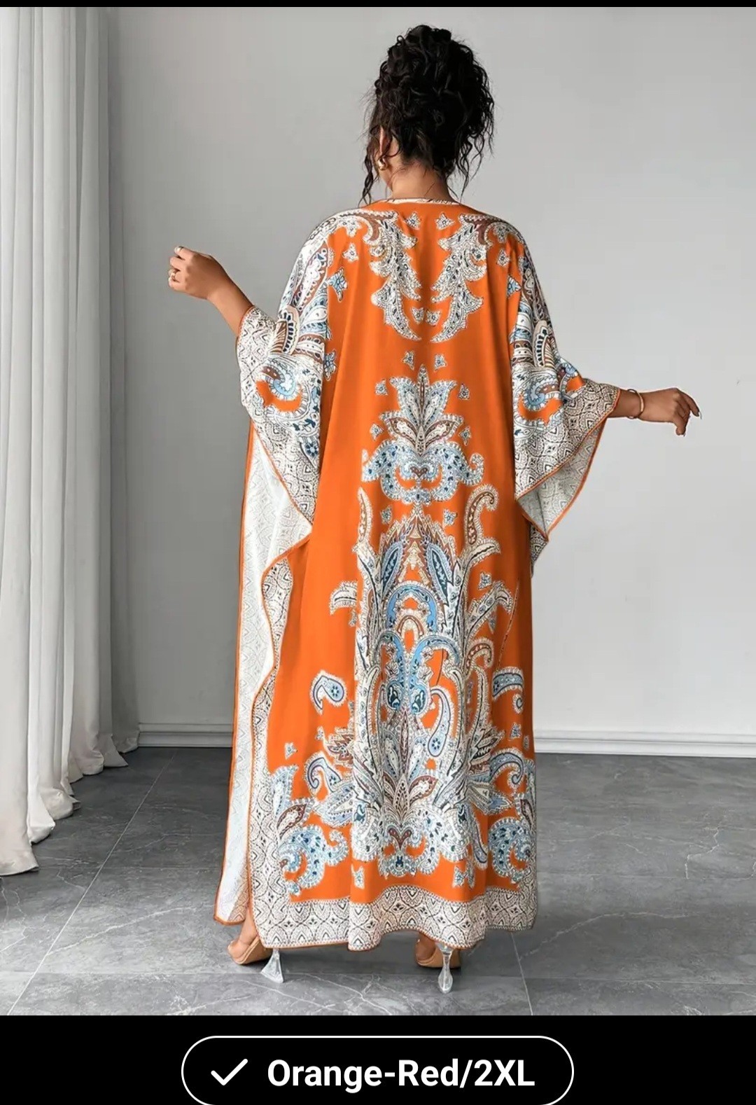 Orange White Blue Paisley Long Kaftan Dress Kimono Sleeve Round Neck 2XL