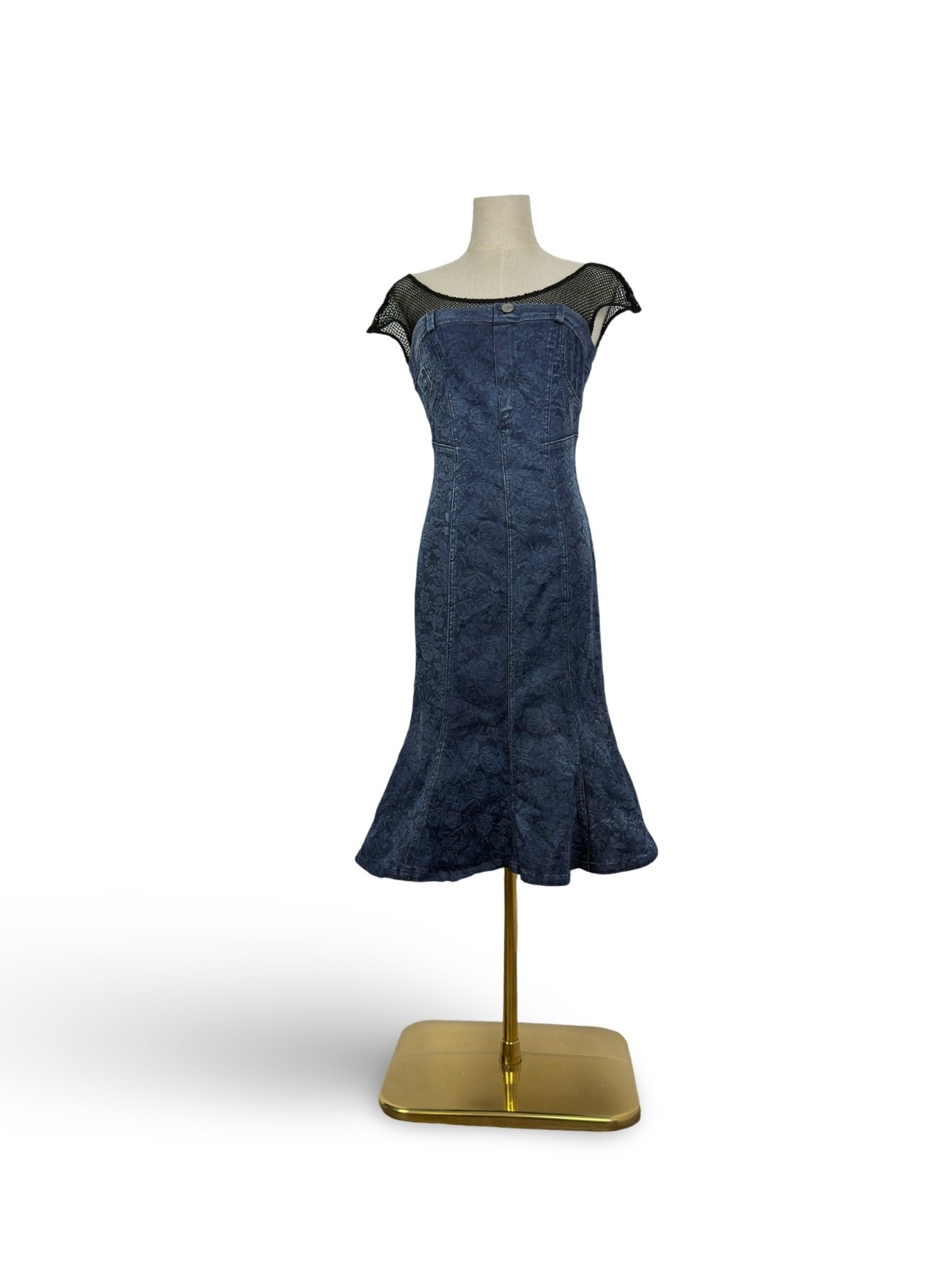 Miss Sixty Y2K Denim Mesh Mermaid Dress Floral Size S