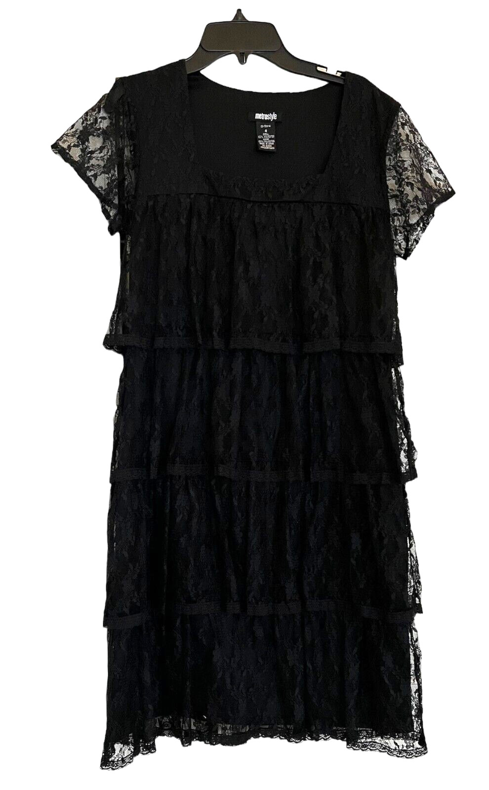 Metro Style Short/ Cap Sleeve Dress Black Lace Tiered Size 4
