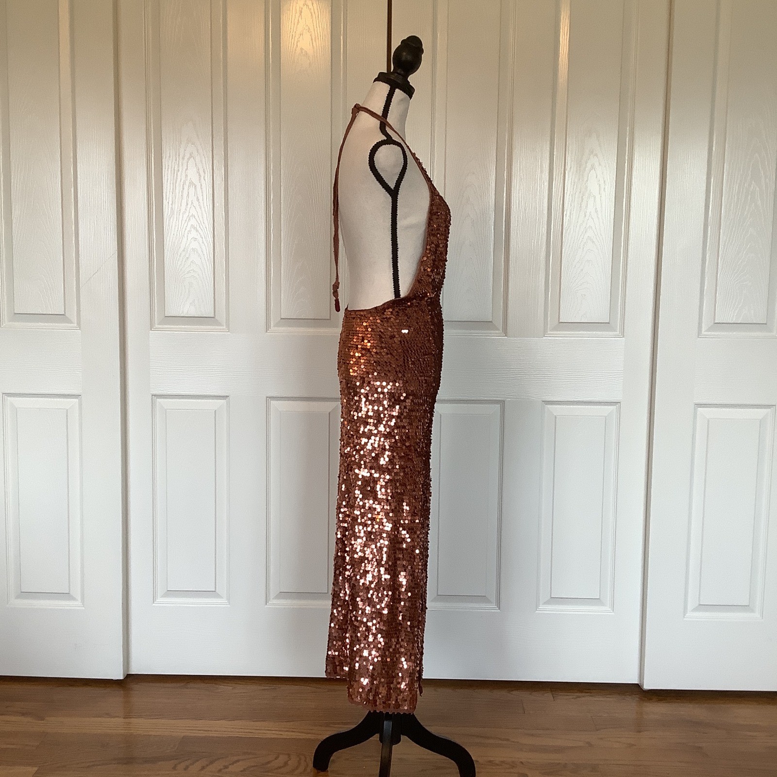 Calypso St Barth Copper Sequin Halter Maxi Dress Open Back Side Slit Size S NWOT