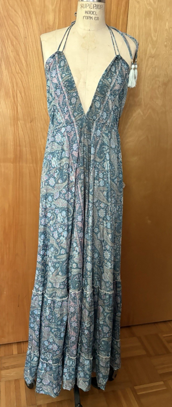 Swarna Greece Silk Paisley V Halter Top With Tassles Maxi Dress Os Goddess Boho