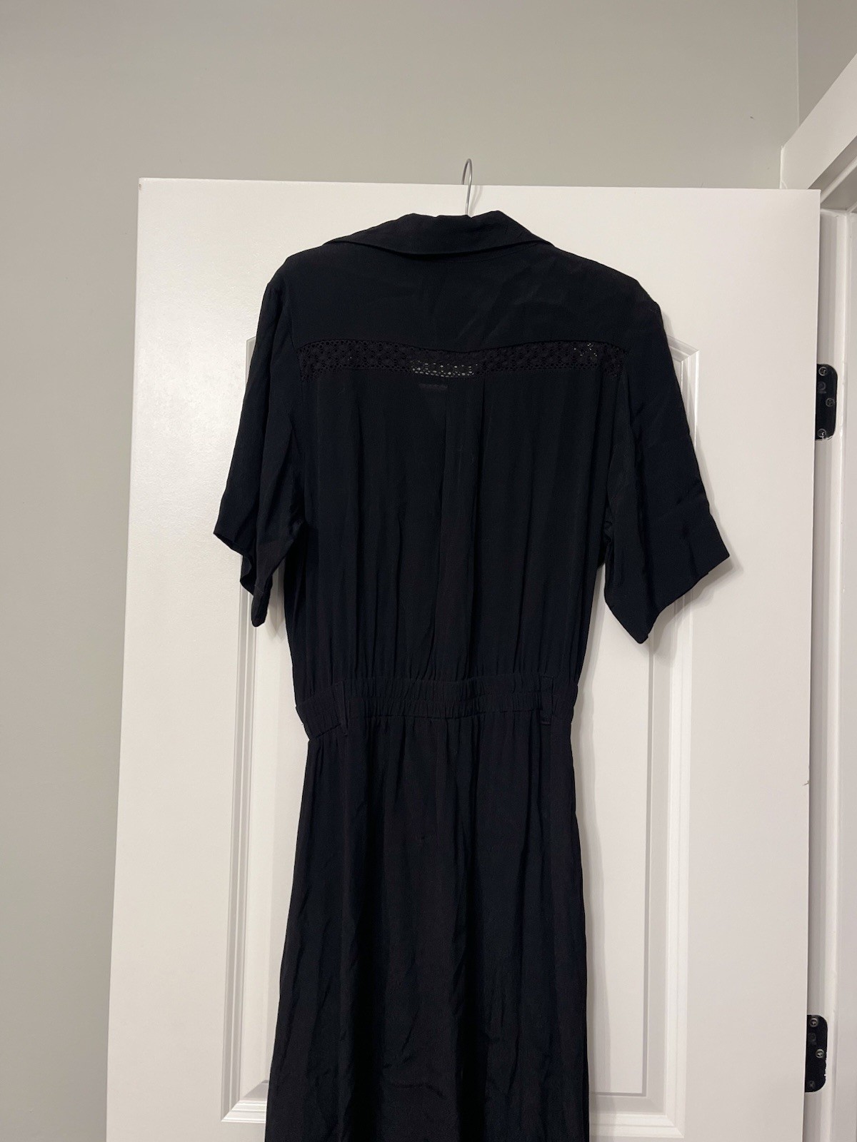 AURA Black Midi Dress Short Sleeve Collared Lace Accents Belted Career Casual M