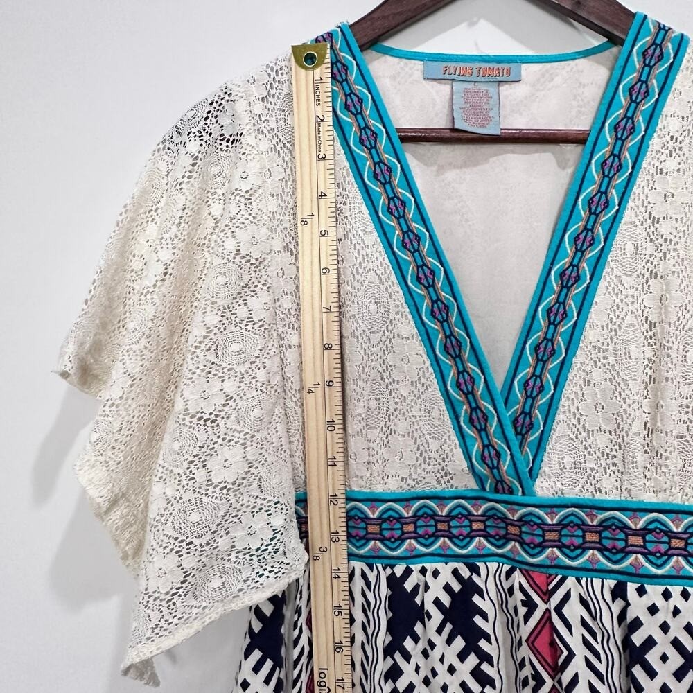 Flying Tomato Mini Dress Medium White Blue Pink Lace Boho Festival Tribal