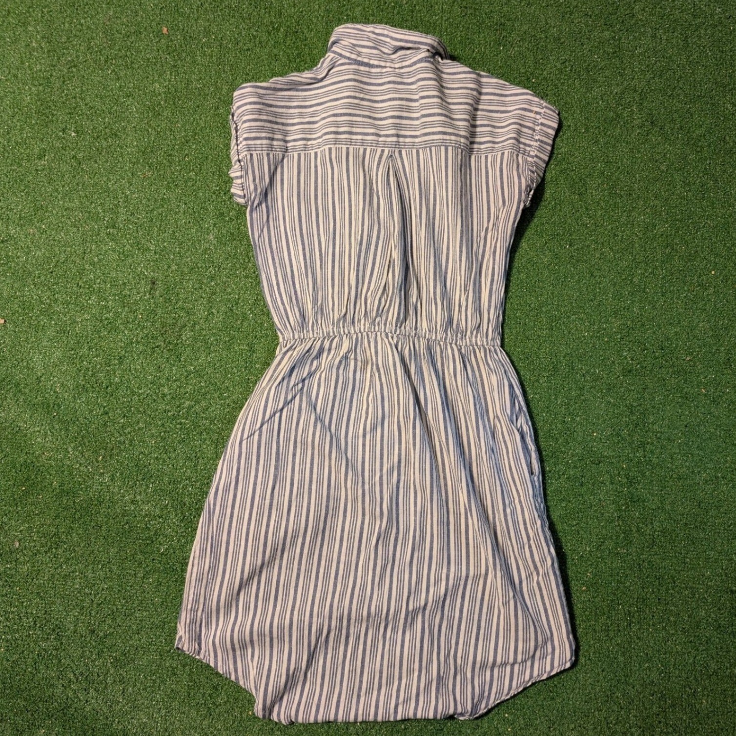 Japna Blue White Striped Button Down Shirt Dress Drawstring Waist Small