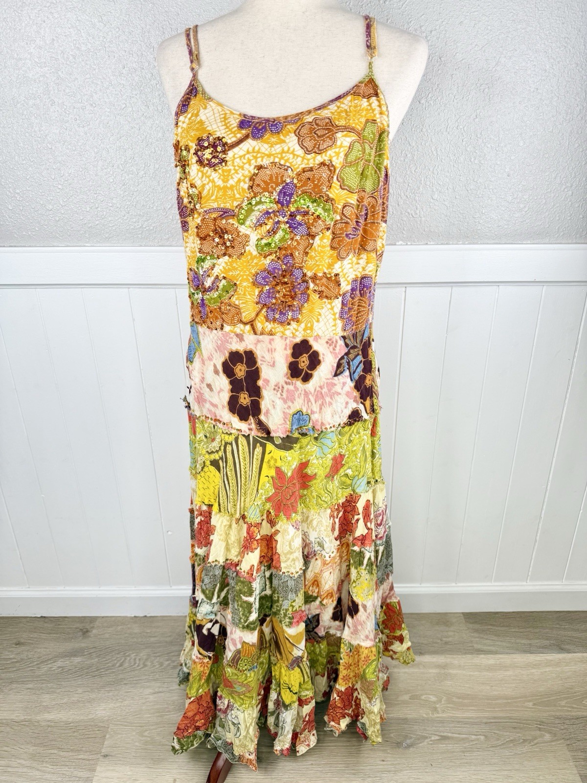 Alberto Makali Patchwork Dress Womens 14 Beaded Sequin Boho Artsy Hippie y2k