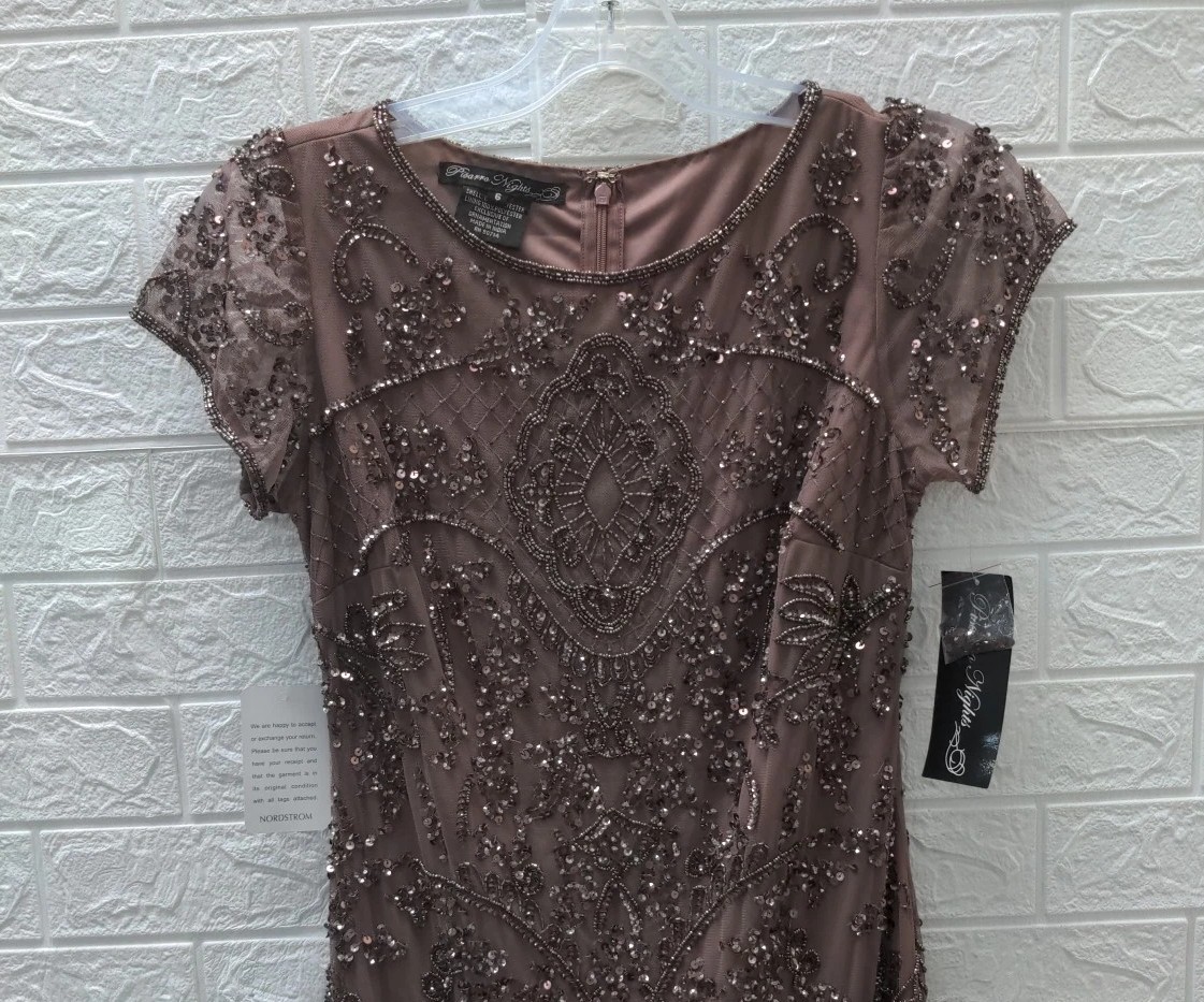 New Pisarro Nights Beaded Mesh Midi Cocktail Dress Size 6
