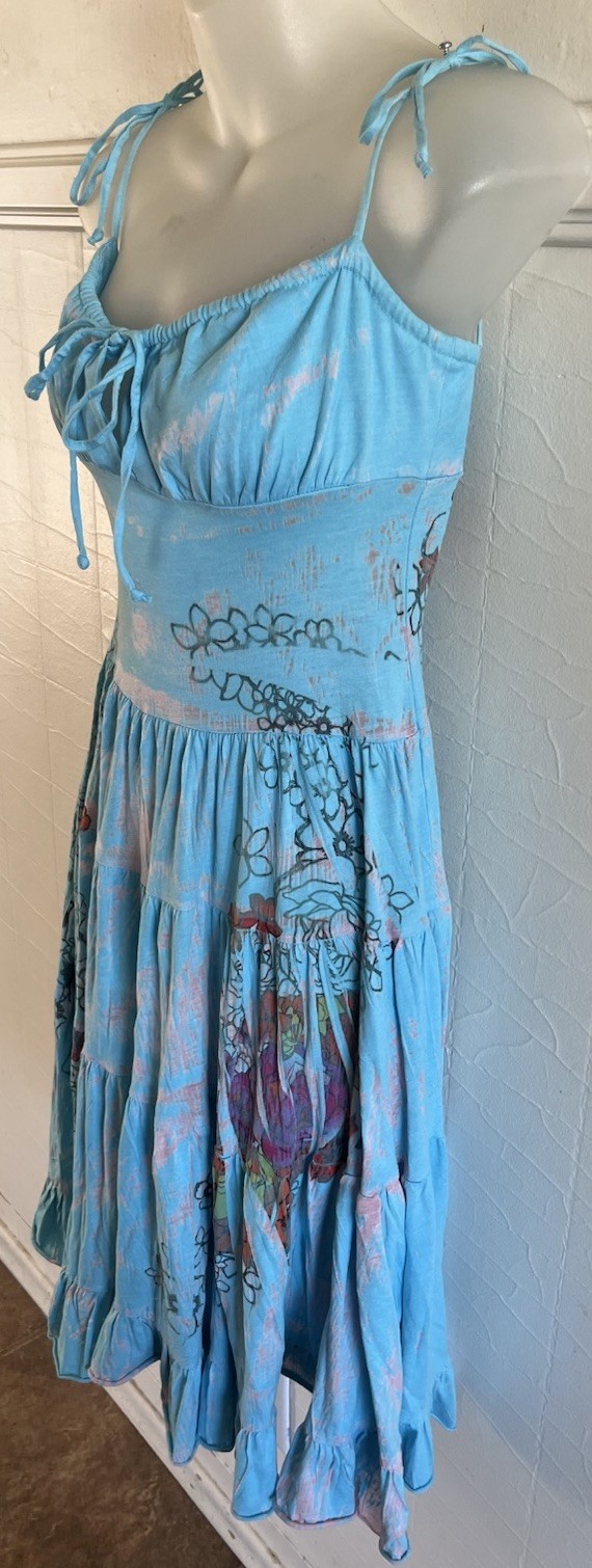 Vtg 1990s Y2K Butterfly Dropout Tiered Turquoise Tattoo Print Mini Dress-XS USA