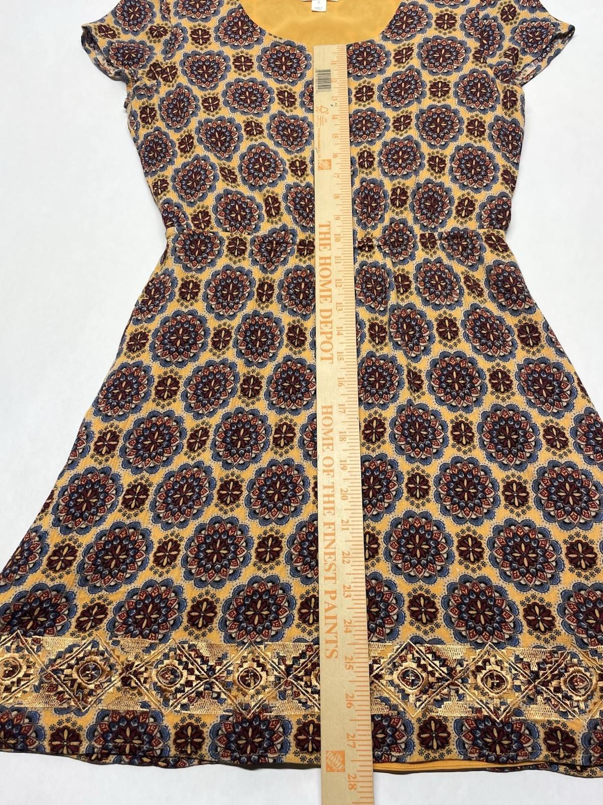 Golden Yellow Metallic Embroidered Mandala Dress Sz S Boho Funky Artsy Festival