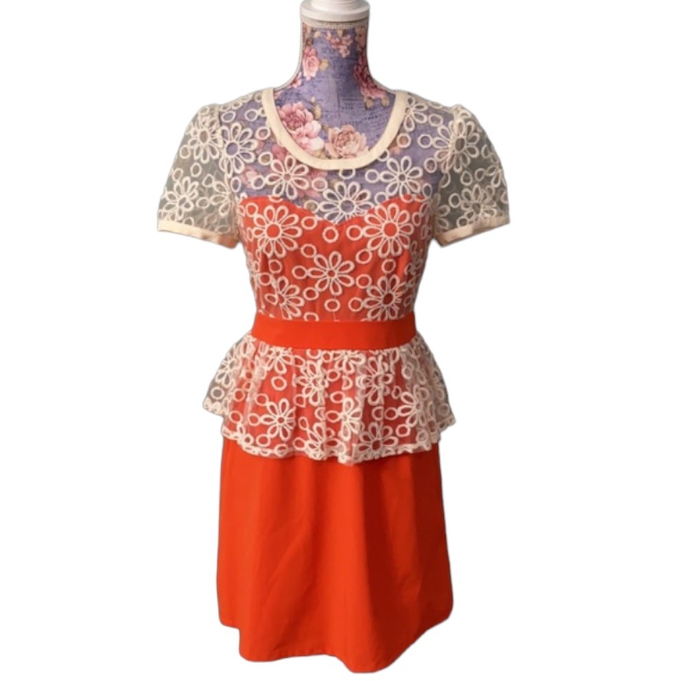 NWT Women’s A’Reve Peplum Short Sleeve Lace Overlay Dress Orange Tea Lady Large