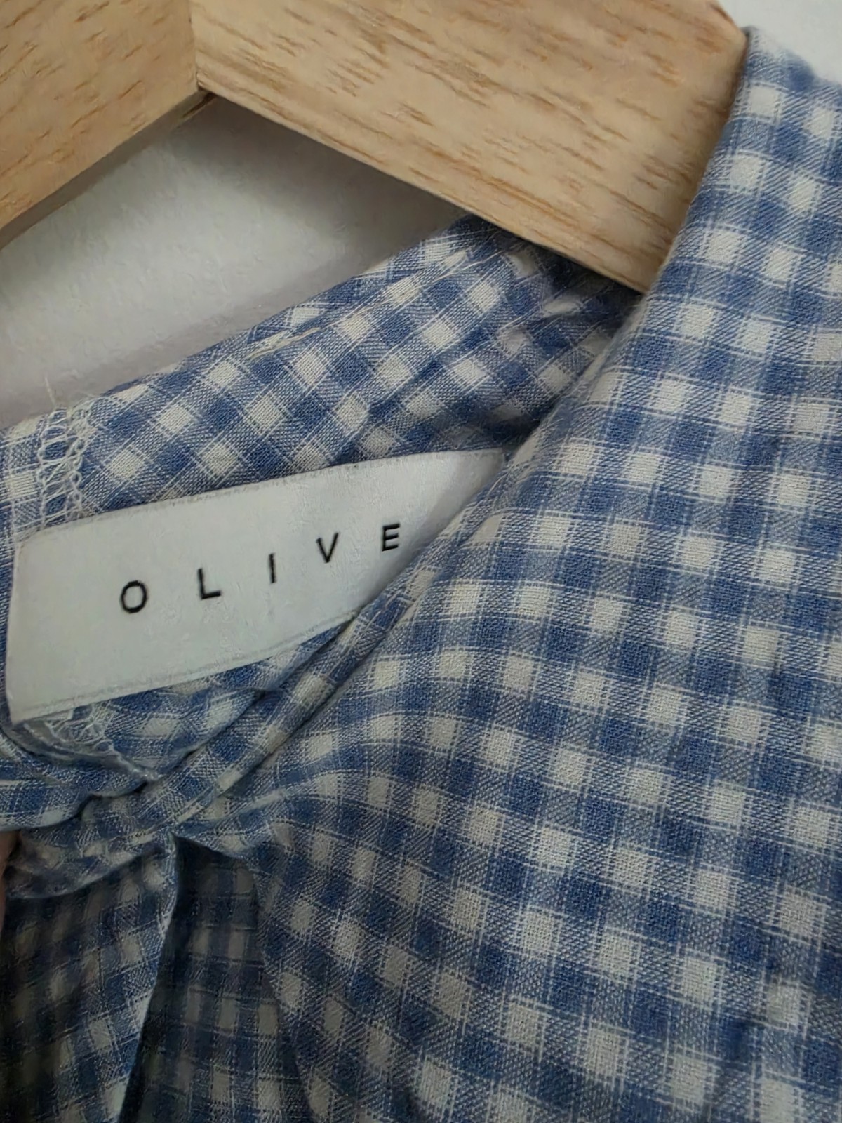 Olive Blue White Gingham Peter Pan Collar Smock Dress 100% Cotton Cottagecore