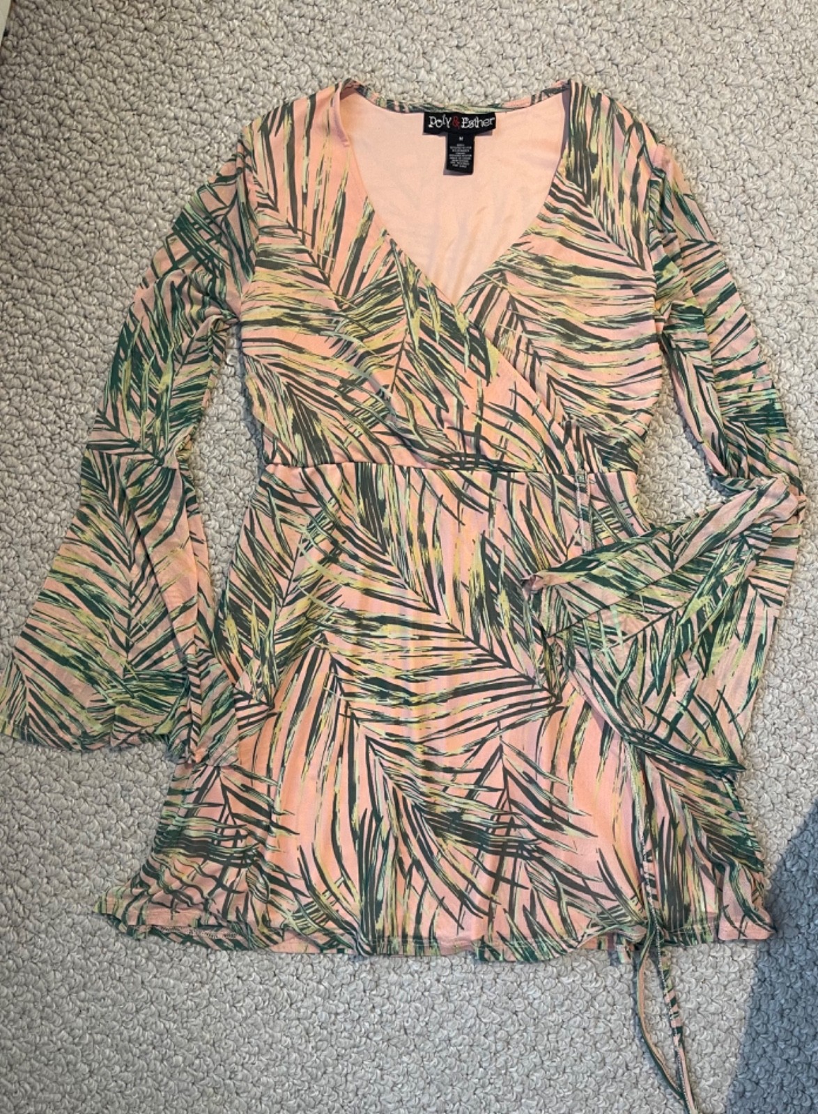2000’s Poly Ester – Woman’s Dress, Light Pink, Palm Leaves, Size Med Junior