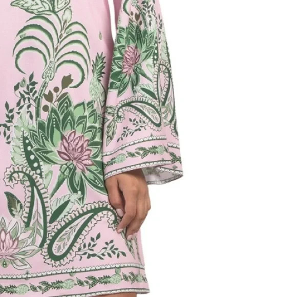 NWT CELINA MOON Bell Sleeve Floral Pink and Green Dress Size LARGE