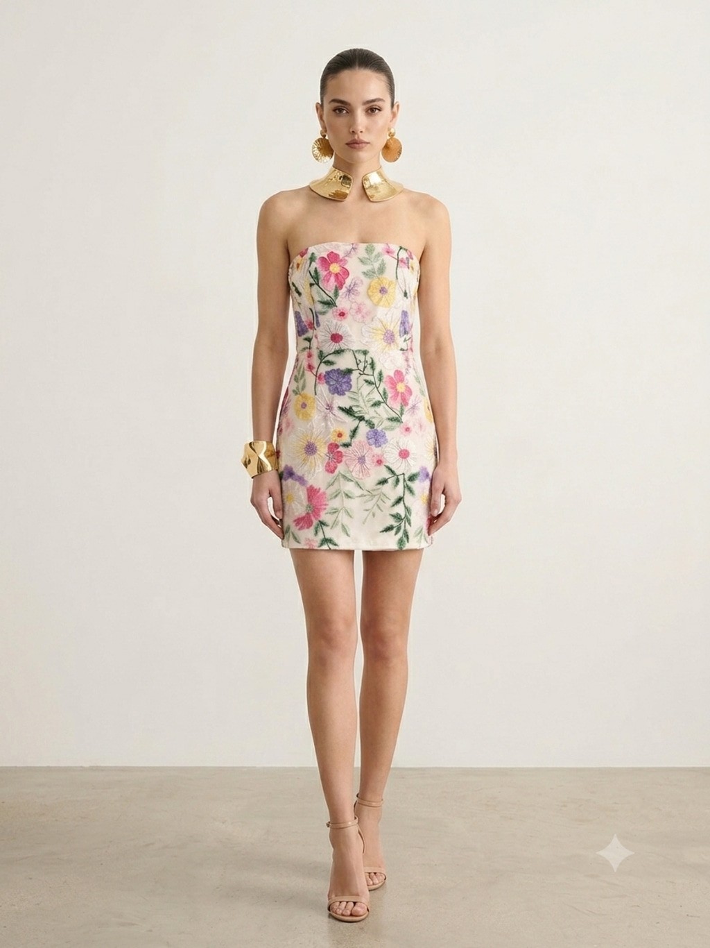 Floral Embroidered Lace Mini Dress Size S Strapless Colorful Mesh Overlay Weddin