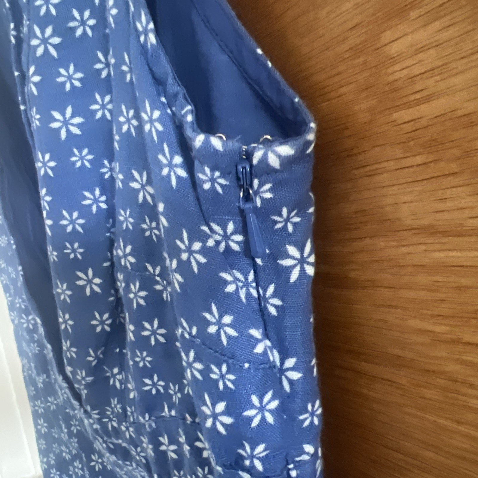 Per Una Dress UK 8 Blue White Floral Beaded Linen Cotton Blend Pockets Summer