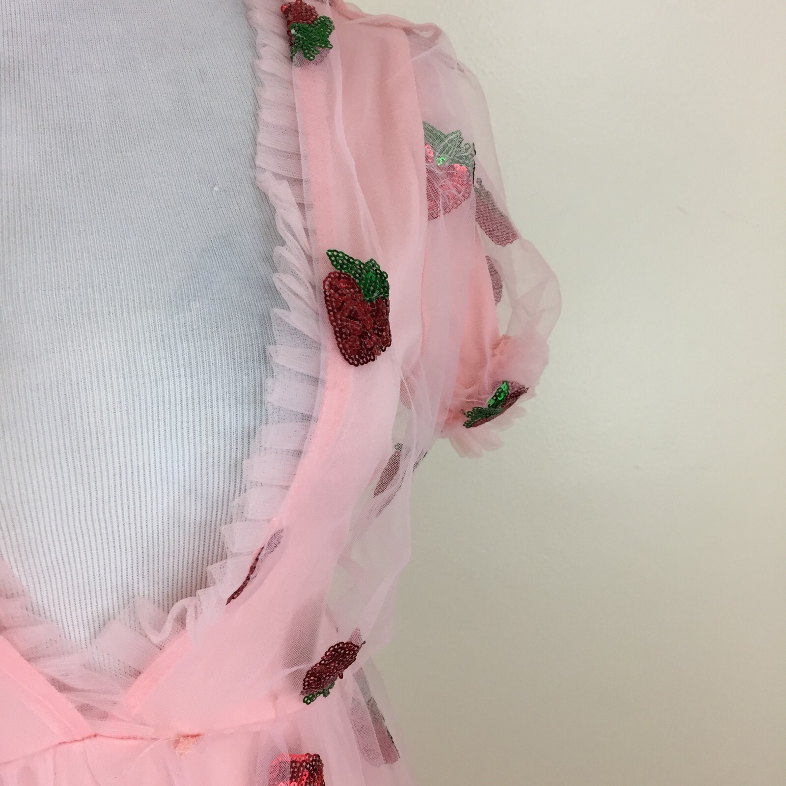 Pink Chiffon Red Green Strawberry Sequin Low V Neck Belted Dress Womens sz Small